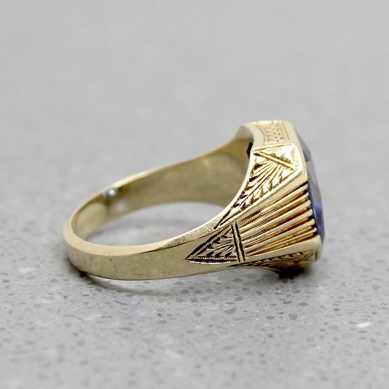 Synthetic Sapphire in Engraved Gold Signet Ring