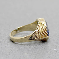 Synthetic Sapphire in Engraved Gold Signet Ring