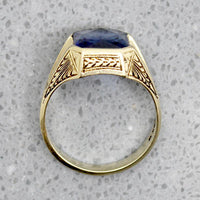 Synthetic Sapphire in Engraved Gold Signet Ring