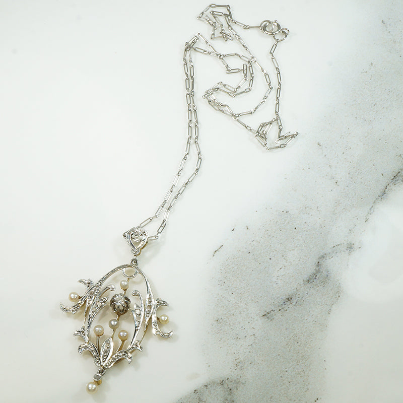 French Platinum and 18k Diamond and Pearl Pendant