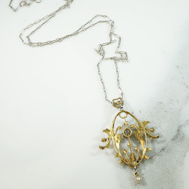 French Platinum and 18k Diamond and Pearl Pendant