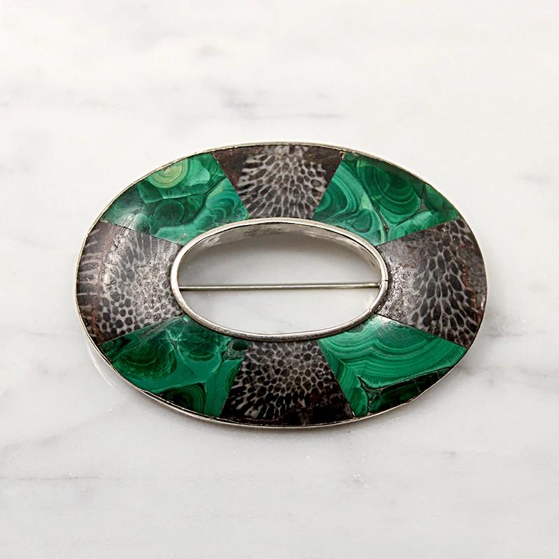 Stunning Malachite & Dinosaur Bone Scottish Pebble Brooch