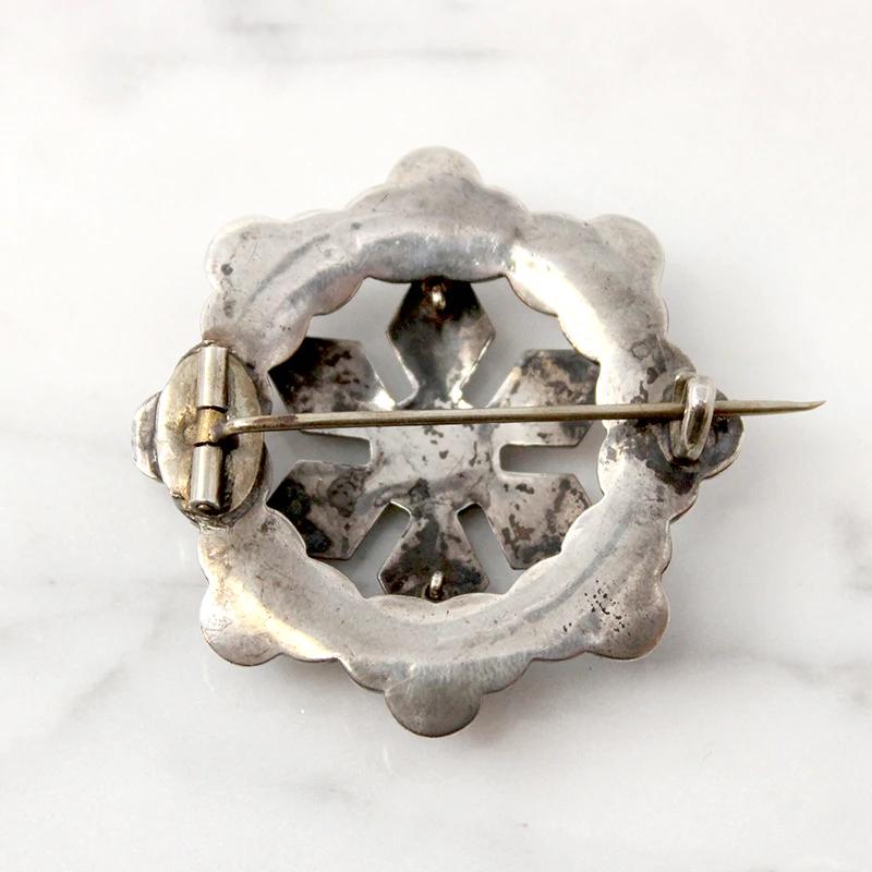 Agate & Silver Snowflake Pebble Brooch