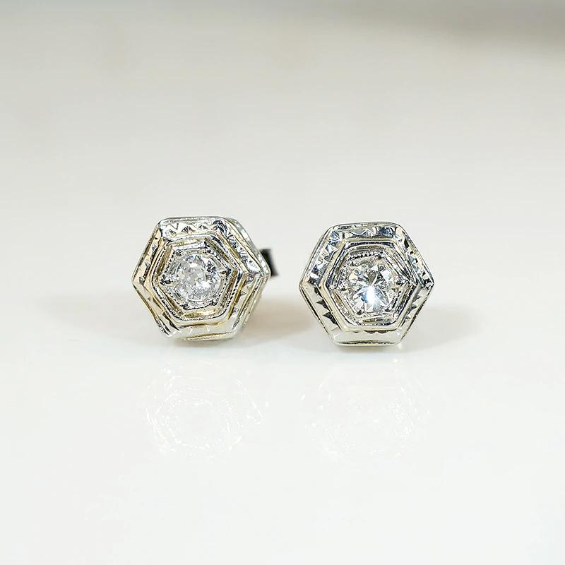 Art Deco Engraved Hexagon Diamond Studs