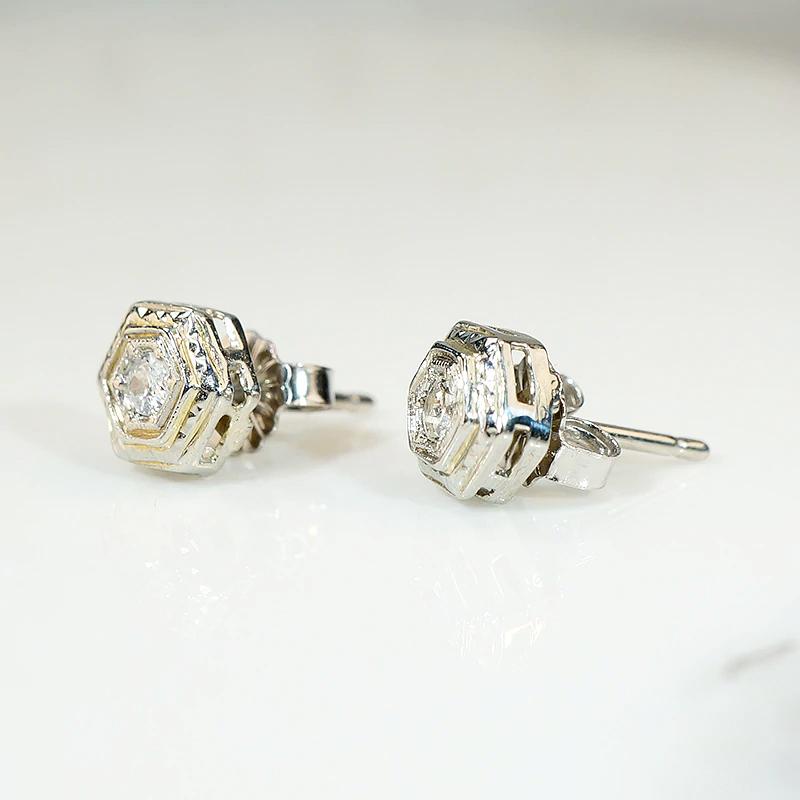 Art Deco Engraved Hexagon Diamond Studs