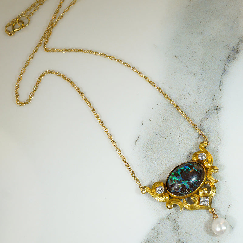 Art Nouveau Opal Diamond and Pearl Necklace