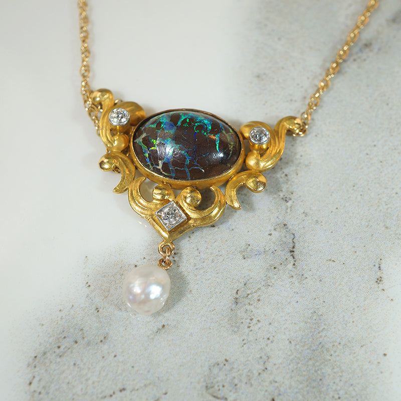 Art Nouveau Opal Diamond and Pearl Necklace