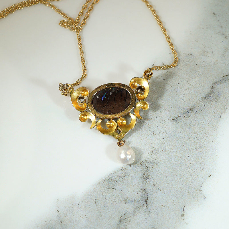 Art Nouveau Opal Diamond and Pearl Necklace