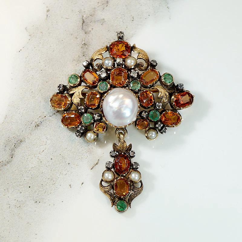 Autumnal Pendant Brooch in Garnet, Emerald, Pearl & Diamond