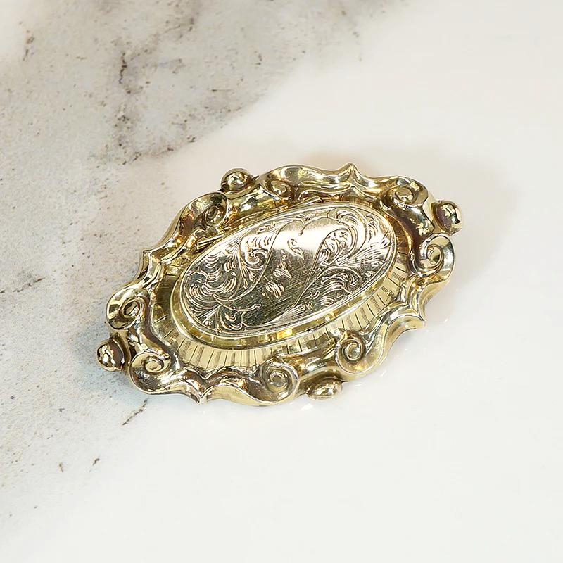 Engraved Victorian 12k Gold Locket Brooch