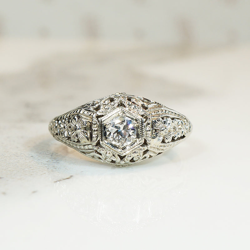 Flower Filled Filigree Diamond Engagement Ring