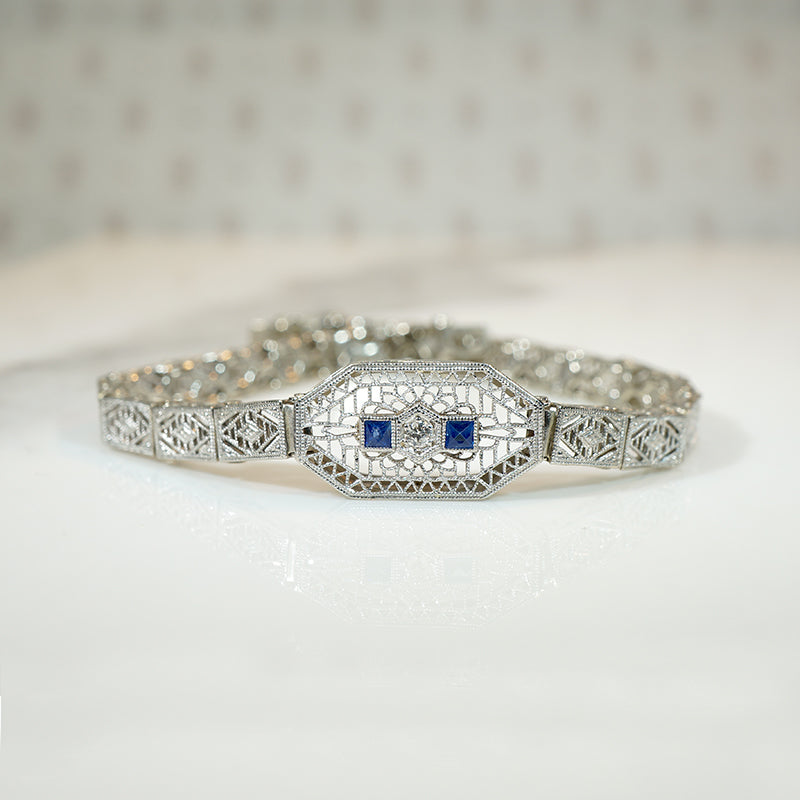 Fine Filigree Bracelet with Diamonds & French Cut Sapphires