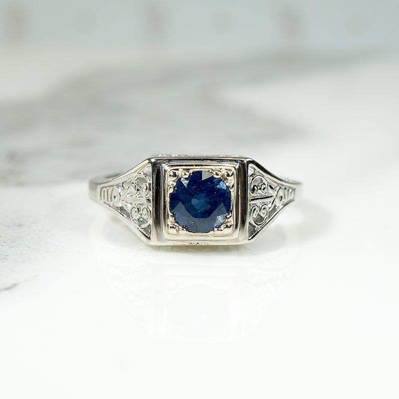 Mid Century Sapphire Filigree Engagement Ring