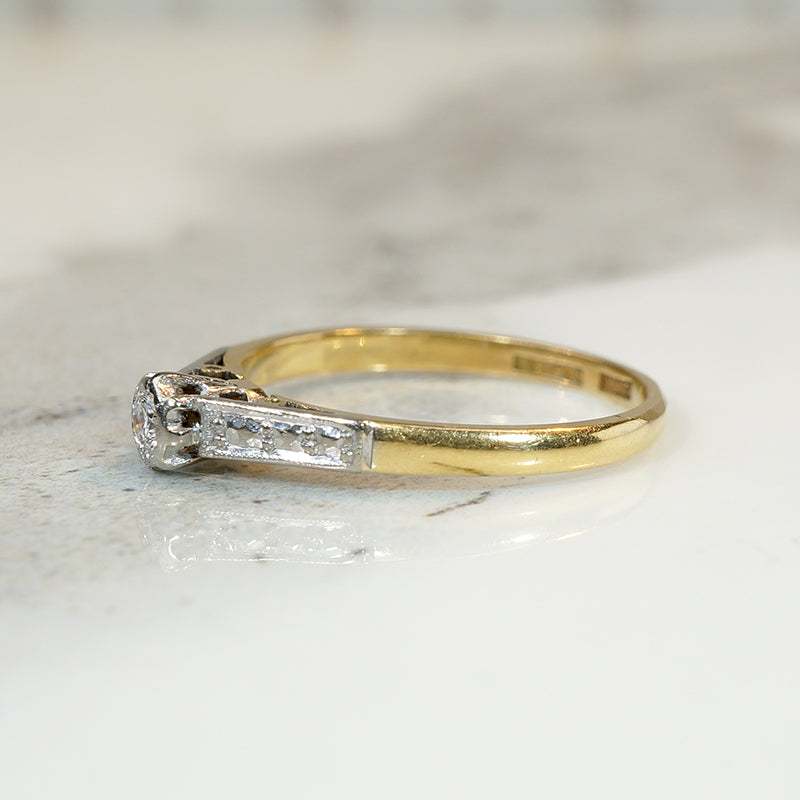 Dainty Arty Deco Platinum and Gold Diamond Solitaire