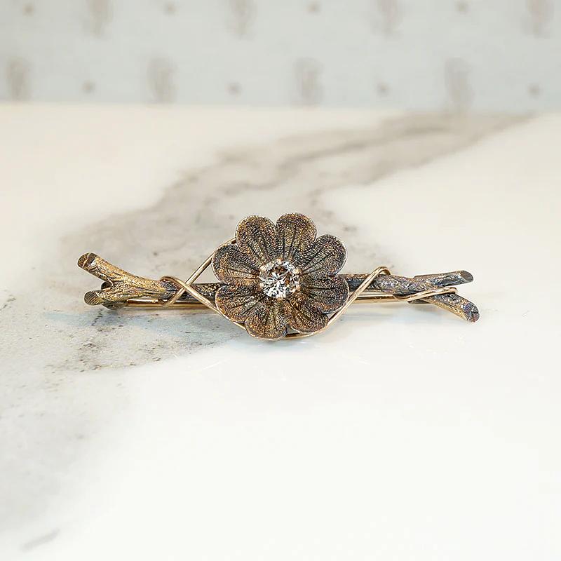 Naturalistic Twig & Flower Brooch with Cognac Diamond
