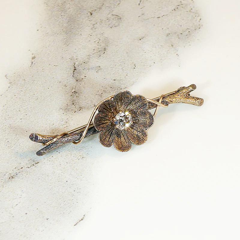 Naturalistic Twig & Flower Brooch with Cognac Diamond