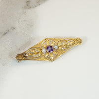 Amethyst & Pearl Gold Cut Work Brooch