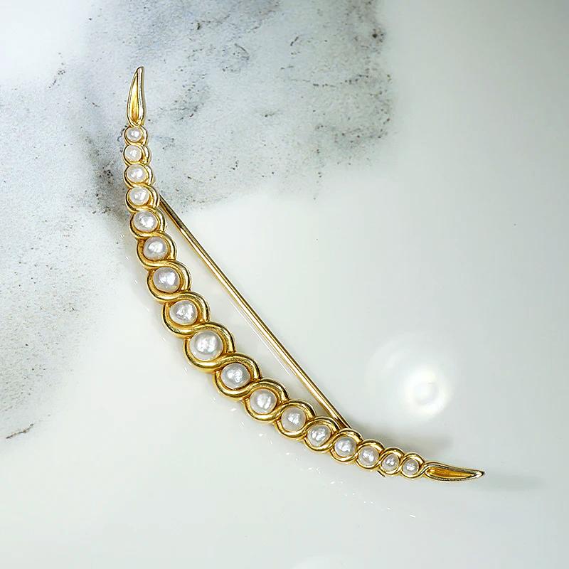 Dreamy Crescent Moon Brooch in Gold & Pearls