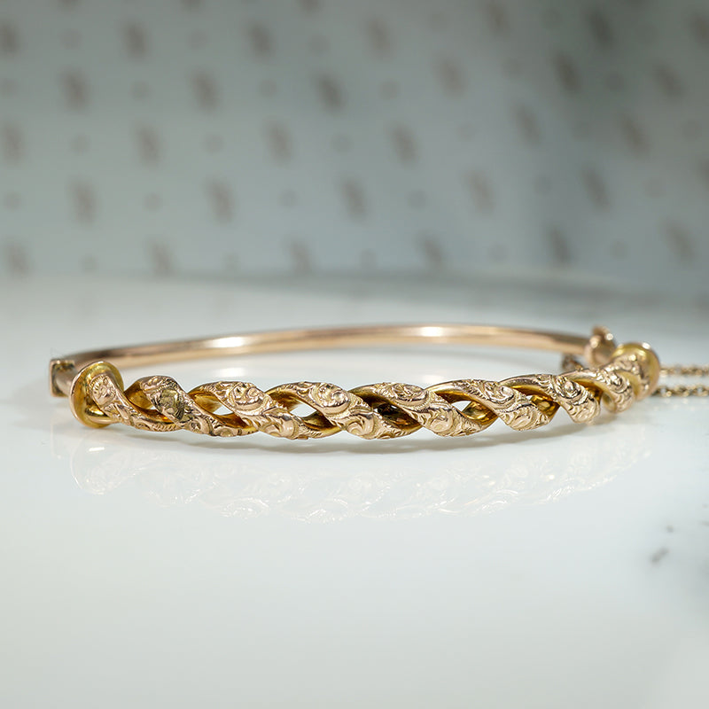 Engraved Rosy Gold Hinged Victorian Bangle