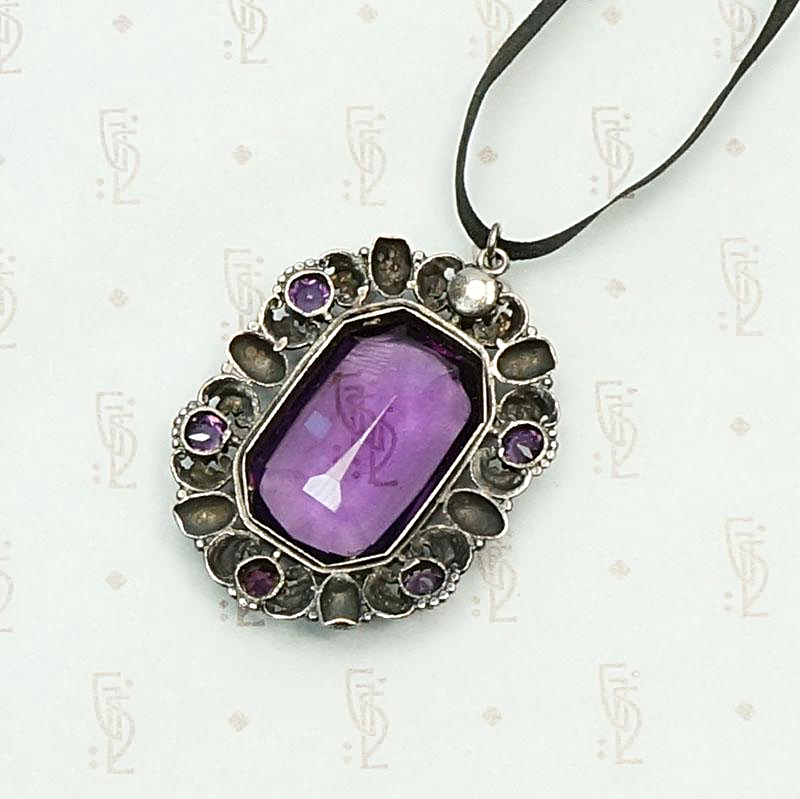 Purple Glass and Silver Pendant on Silk Ribbon. Back detail.