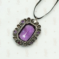 Purple Glass and Silver Pendant on Silk Ribbon. Back detail.