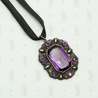 Purple Glass and Silver Pendant on Silk Ribbon. Detail view.