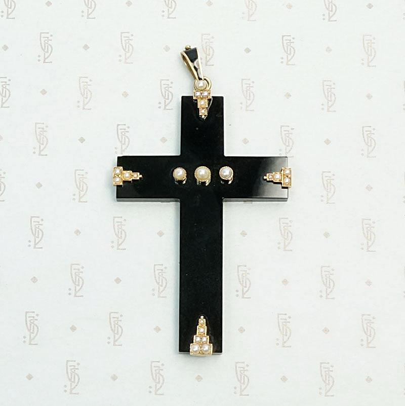 Regal Victorian Pearl and Gold on Onyx Cross