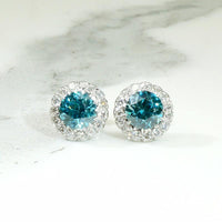 Brilliant Natural Blue Zircon Halo Stud Earrings