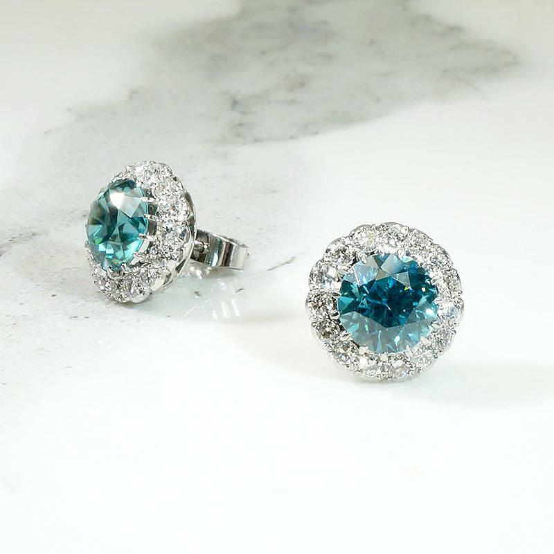 Brilliant Natural Blue Zircon Halo Stud Earrings