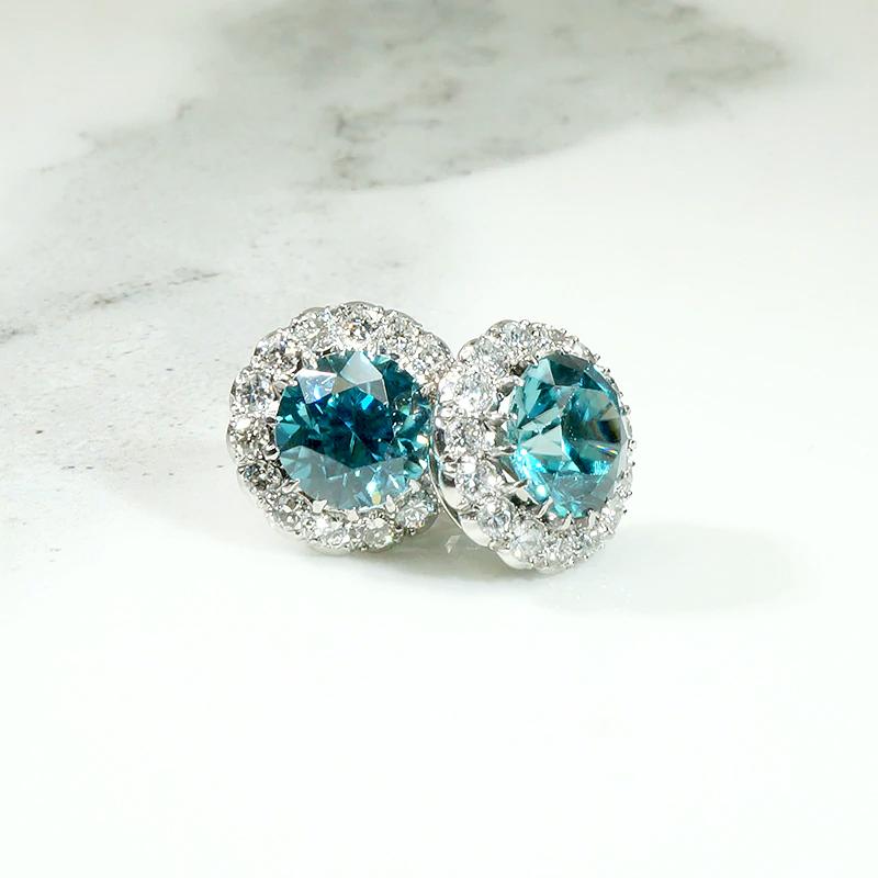 Brilliant Natural Blue Zircon Halo Stud Earrings