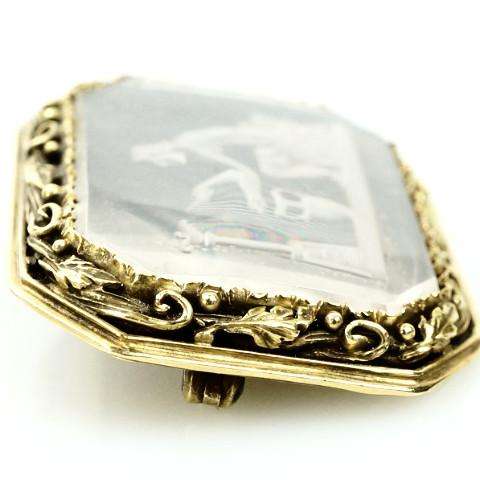 Reverse Carved Crystal Brooch in 18k yellow gold Depicting a Roman Scene
