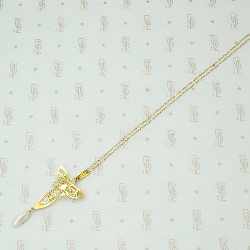 Stunning Krementz Gold & Pearl Lavalier Pendant