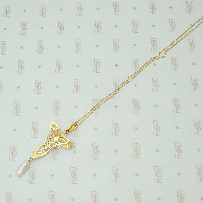 Stunning Krementz Gold & Pearl Lavalier Pendant