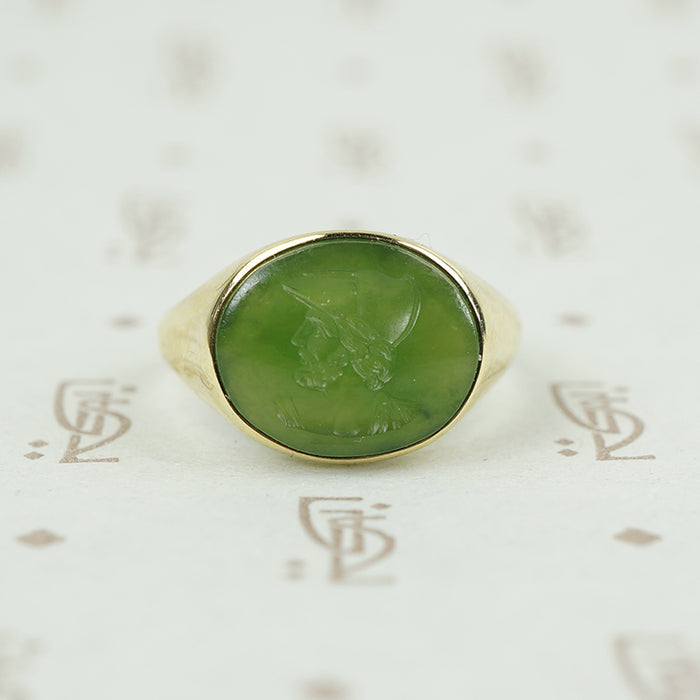 Rich Green Jade Intaglio of the God Mercury set in a Ring