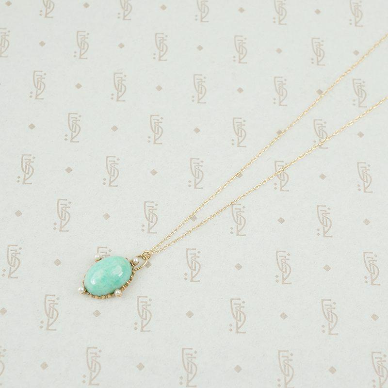 amazonite and pearl pendant in 14k gold