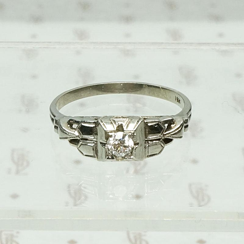 Crisp 1930s White Gold & Diamond Engagement Ring, top view