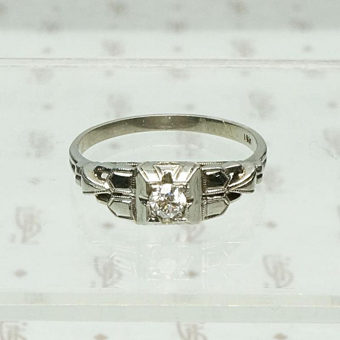 Crisp 1930s White Gold & Diamond Engagement Ring, top view