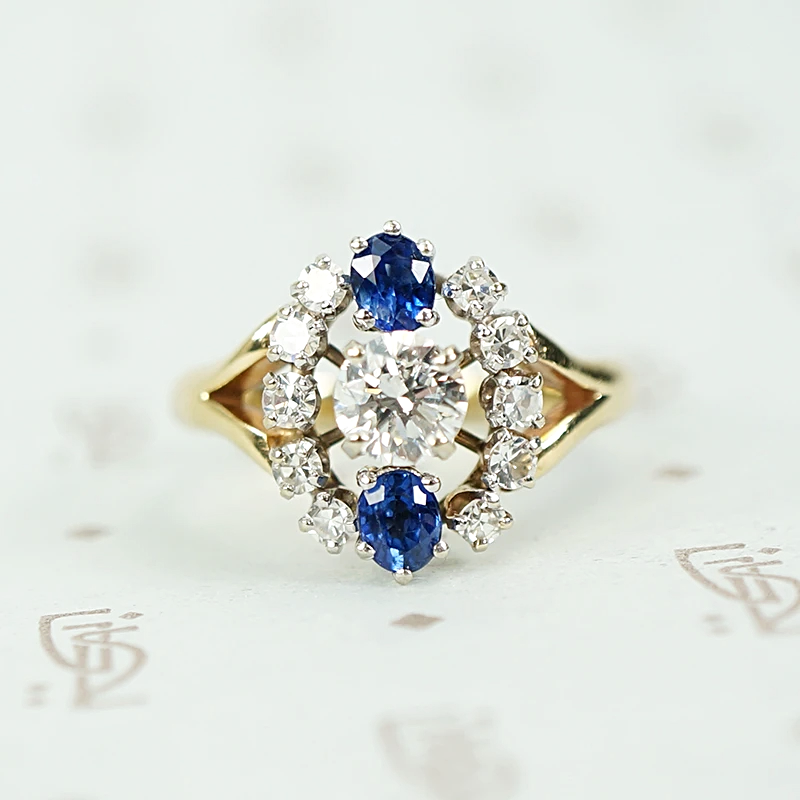 Midcentury Diamond and Sapphire Statement Ring