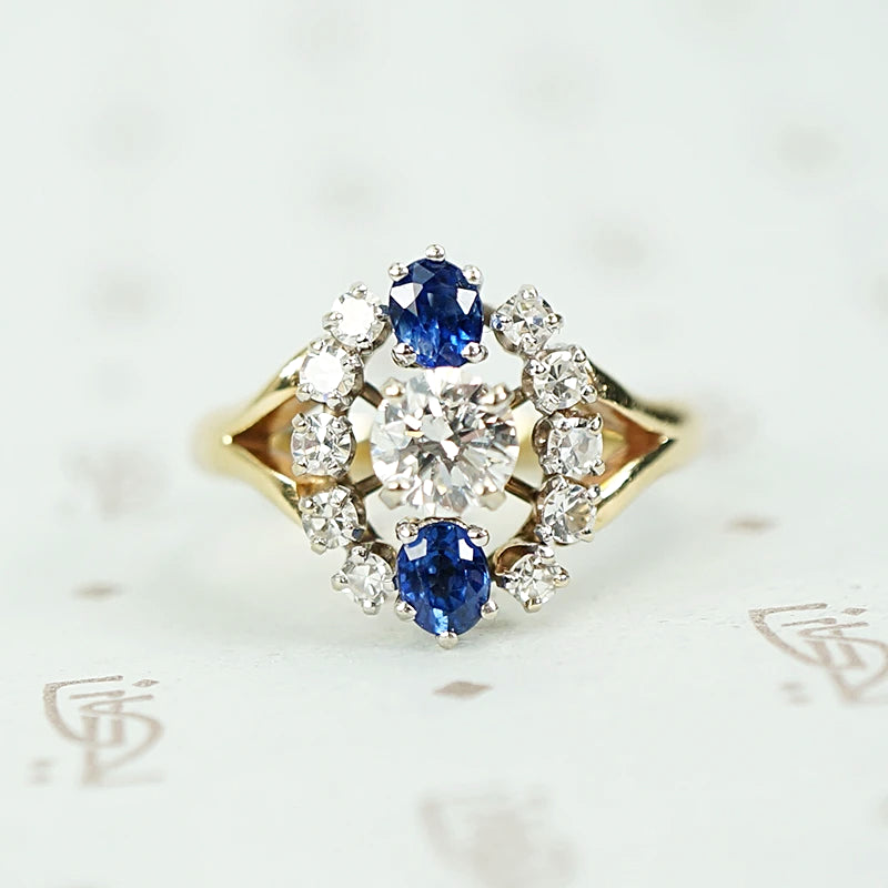 Midcentury Diamond and Sapphire Statement Ring