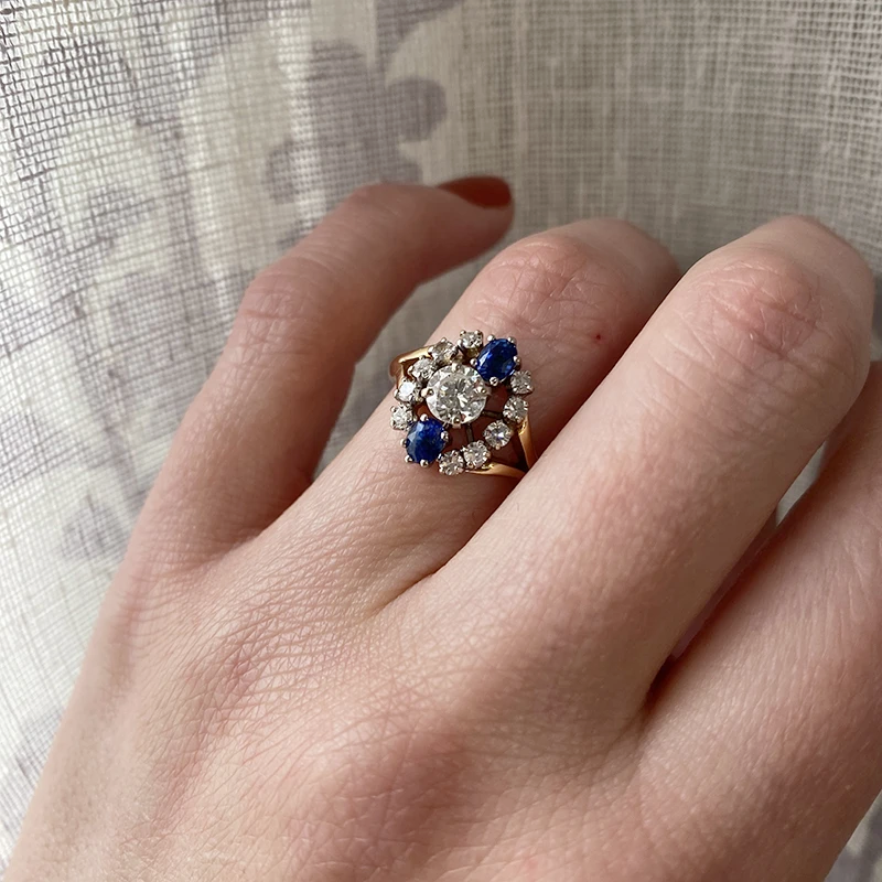Midcentury Diamond and Sapphire Statement Ring