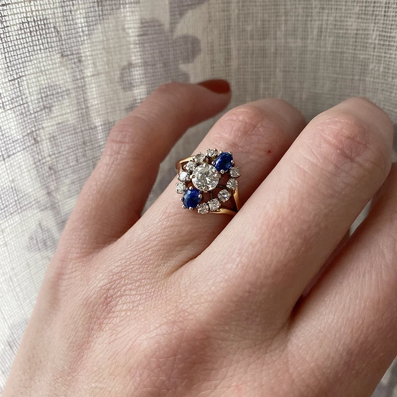 Midcentury Diamond and Sapphire Statement Ring