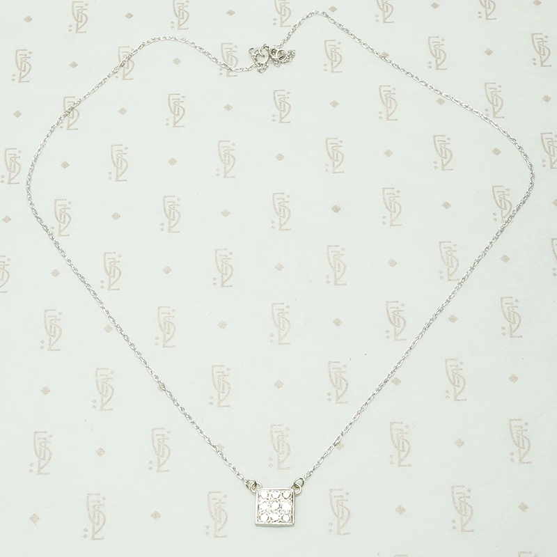 paved square of 14k white gold with 9 diamonds necklace