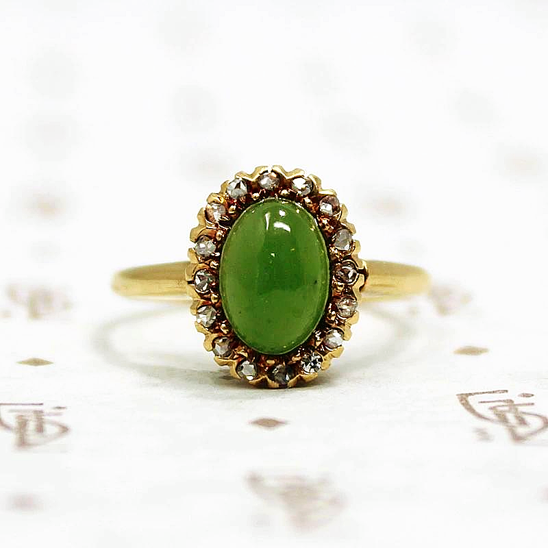 Jade Ring with Rose Cut Diamond Halo