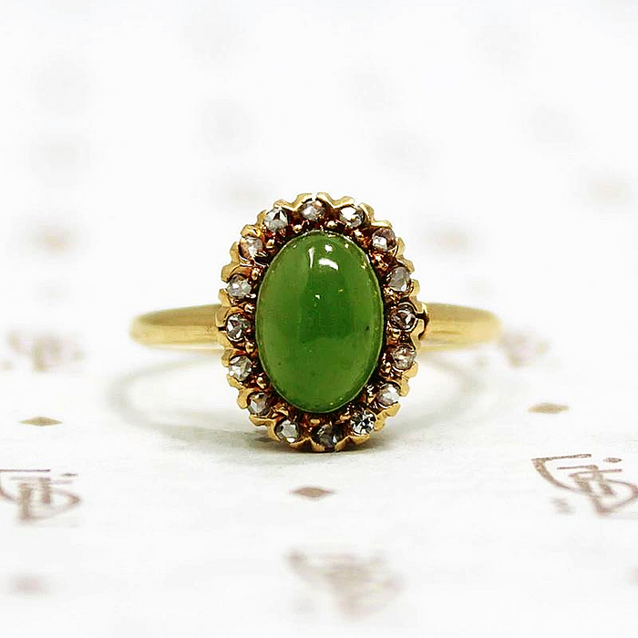 Jade Ring with Rose Cut Diamond Halo