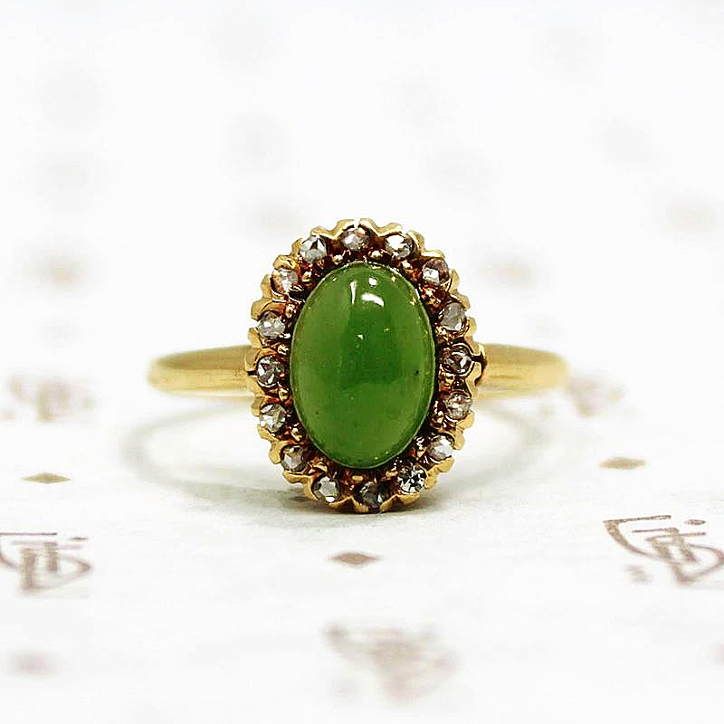 Jade Ring with Rose Cut Diamond Halo