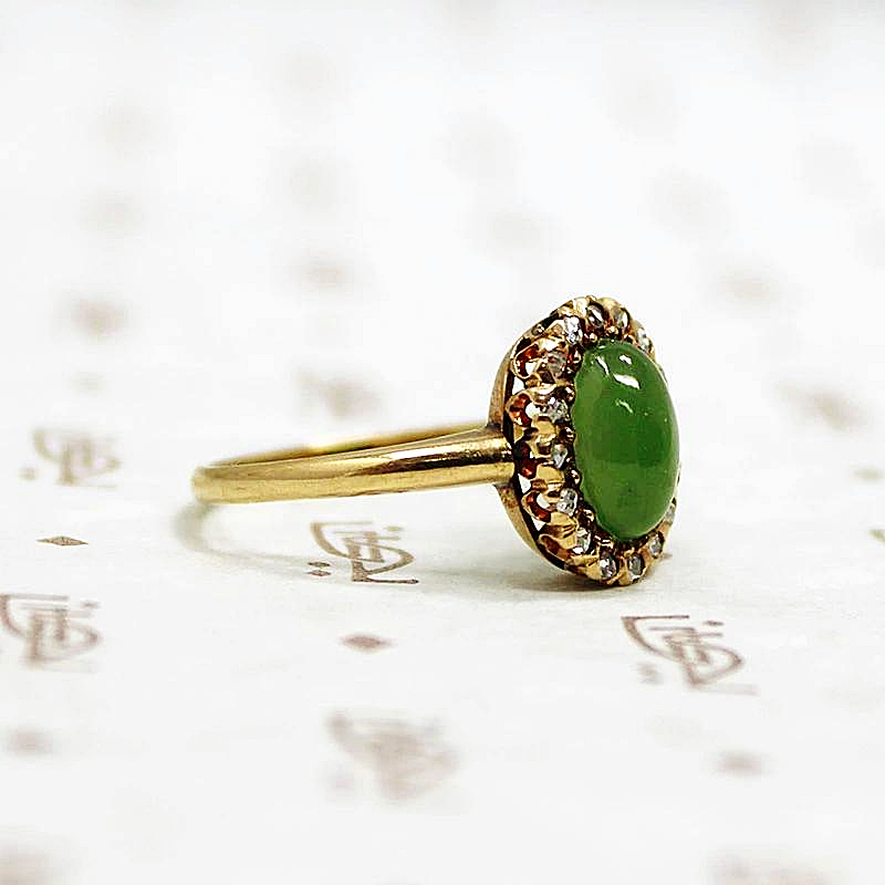 Jade Ring with Rose Cut Diamond Halo