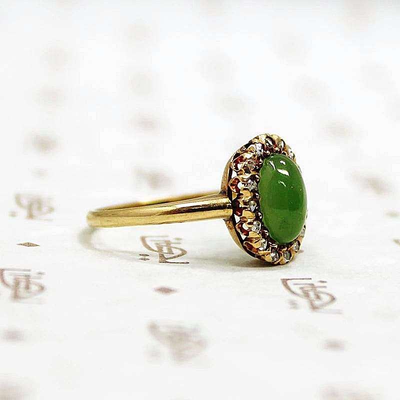 Jade Ring with Rose Cut Diamond Halo