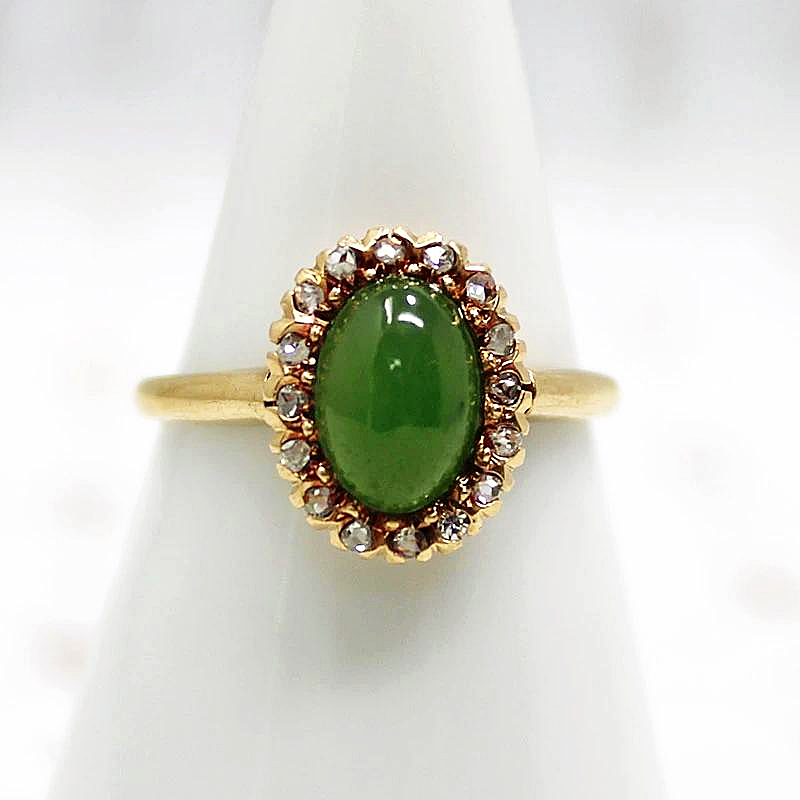 Jade Ring with Rose Cut Diamond Halo