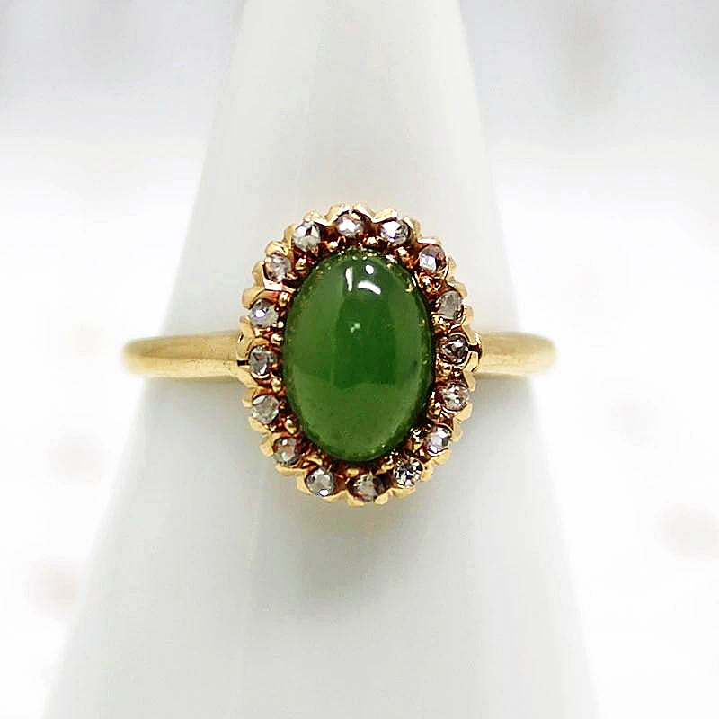 Jade Ring with Rose Cut Diamond Halo