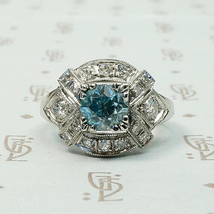 Icy Natural Blue Zircon & Diamond Palladium Ring